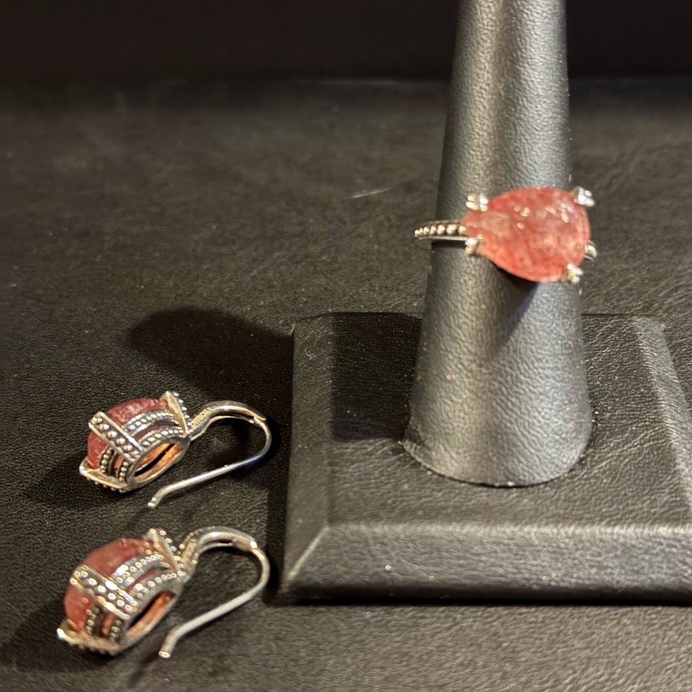 Stephen Dweck Reticulated Rose Quartz Earrings and Ring Set - Picture 2 of 8